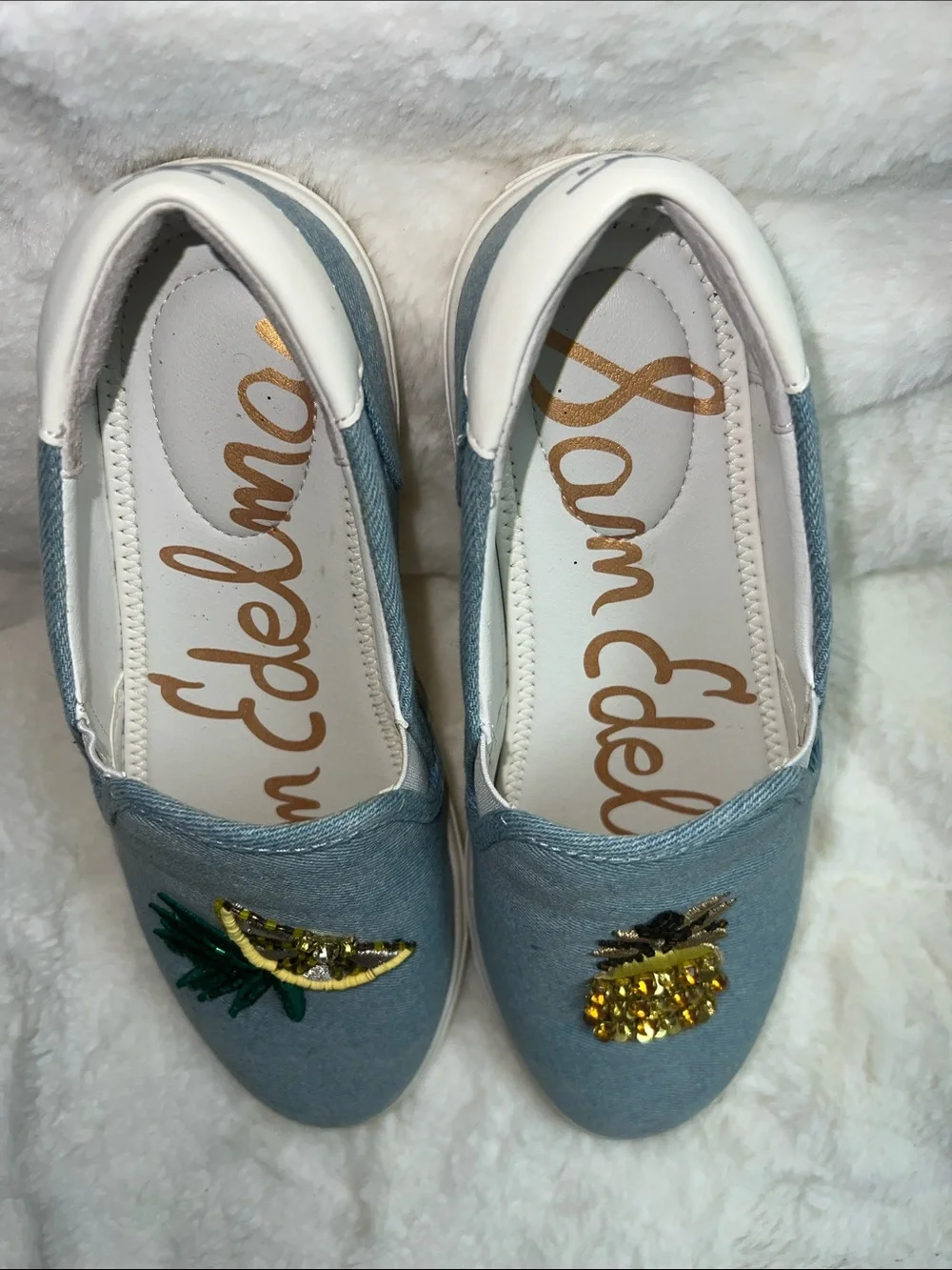 Sam Edelman Light Blue Denim Slip-On Flats with Pineapple and Citrus Embroidery